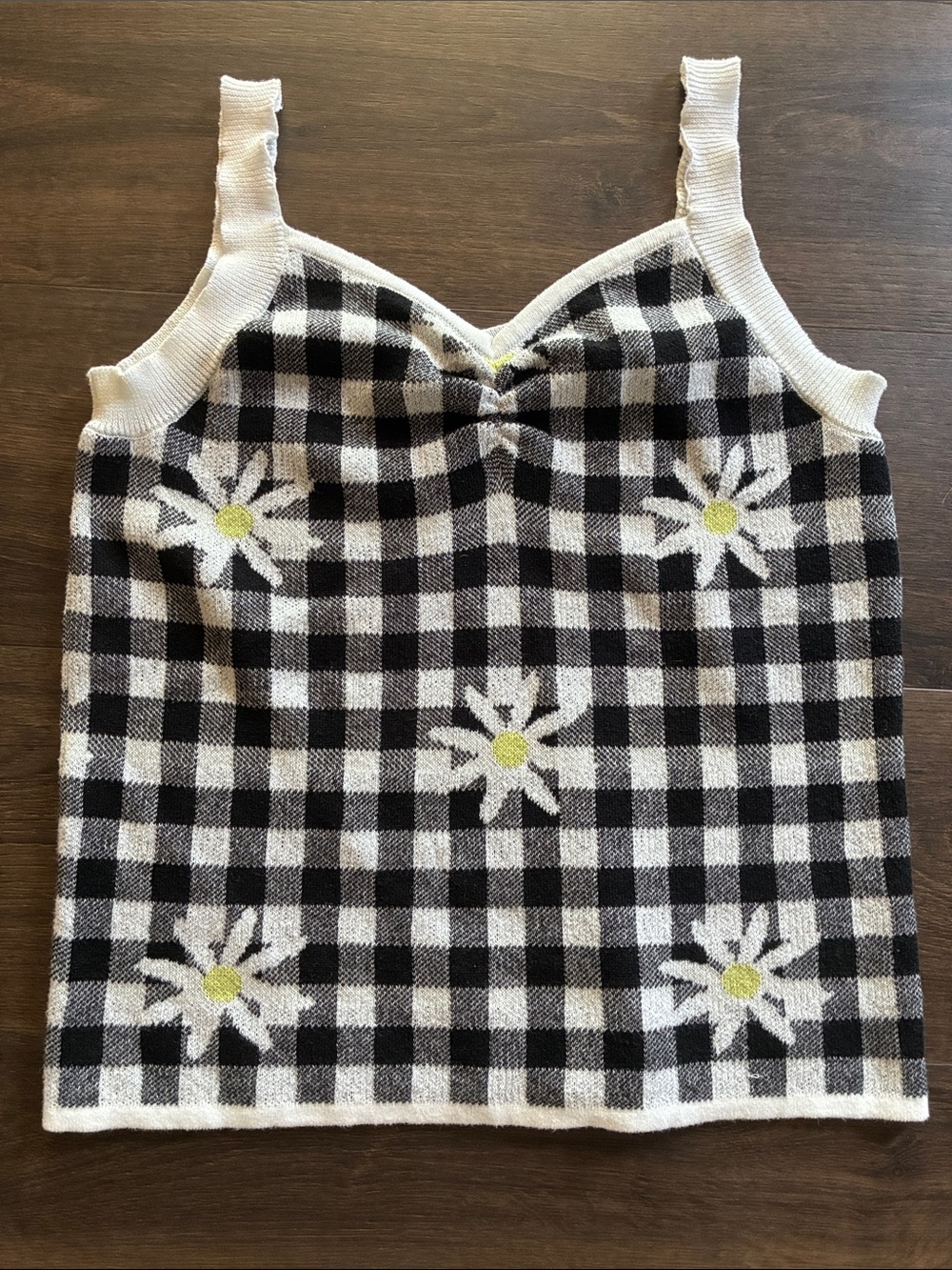 Cato Black & White Gingham Daisy Knit Tank Top